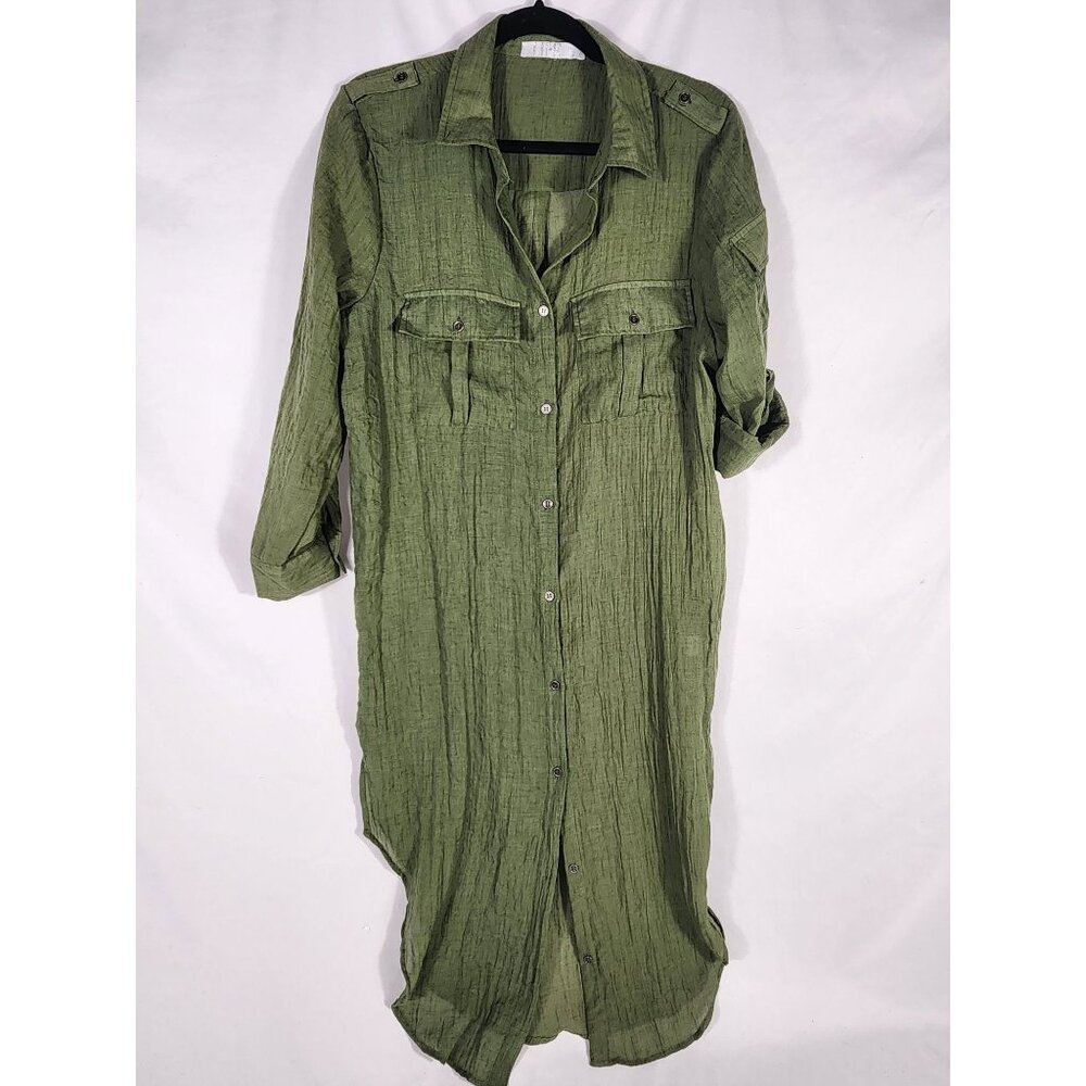LIFE Womens Sheer Shirtdress Safari Style Olive Whimseygoth Casual Old Money L